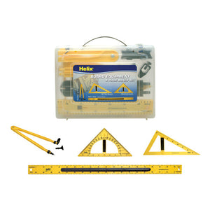 Helix whiteboard equipment set: clear carry case with label, plus a yellow compass, 60 degree set square, multi-instrument and metre ruler