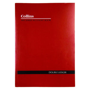 Collins 10330 A60 Double Ledger Account Book front cover in red, with the Collins logo, a series title line and a black label band naming the book type