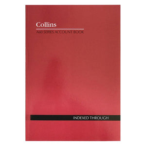 Collins 10334 A60 Indexed Account Book front cover in red, with the Collins logo, a series title line and a black label band naming the book type