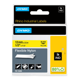 Dymo Rhino flexible nylon label tape 12mm x 3.5m black on yellow for safety-critical medium cable identification
