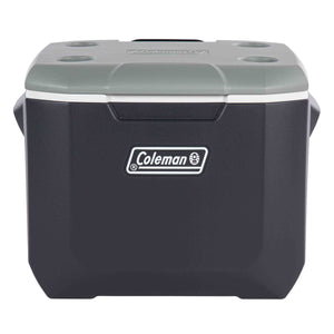 Coleman Daintree 57L Wheeled Hard Cooler Grey, studio front view of the charcoal grey body and pale grey lid with four cup holders