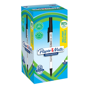 Paper Mate Kilometrico 2187701 tall carton in blue and green with a black-capped pen on the front, a badge reading 50, 1.0 mm Medium Point pens and a black colour dot, text in English and French