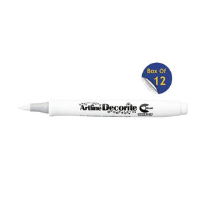 Artline Decorite Brush White marker, uncapped, with a Box Of 12 badge