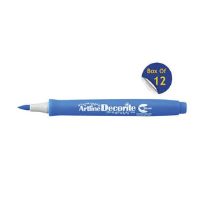 Artline Decorite Brush Blue marker, uncapped, with a Box Of 12 badge