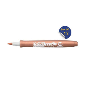 Artline Decorite Brush Bronze marker, uncapped, with a Box Of 12 badge