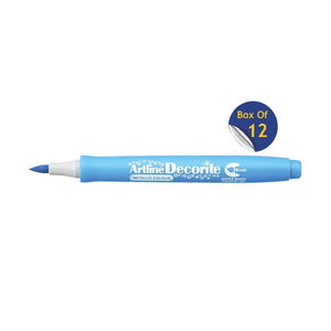 Artline Decorite Brush Metallic Blue marker, uncapped, with a Box Of 12 badge