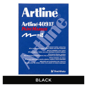Front of the Artline 409XF paint marker box with the 2-4 m/m nib symbol, above a black colour label