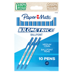 Paper Mate Kilometrico 2179216 newer hangsell card with a kraft header carrying two recycling badges, the Kilometrico Ballpoint name, Medium 1.0mm Ballpoint Pens and 10 pens printed on a blue panel