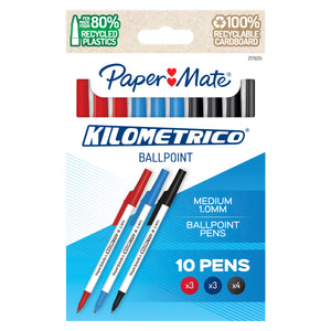 Paper Mate Kilometrico 2179215 newer hangsell card with a kraft header carrying two recycling badges, the Kilometrico Ballpoint name, Medium 1.0mm Ballpoint Pens and 10 pens printed on a blue panel, with x3 red, x3 blue and x4 black colour dots