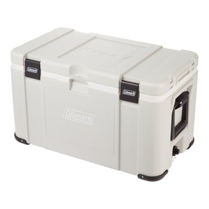 Coleman Glacier 70L Hard Cooler Grey, three quarter view of the off-white body with two black latches, black end handle and corner bumpers