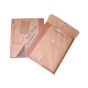 Colby 155A poly string envelope in cinnamon, shown front and back with the string and button flap closure and the Poly String Envelope header card