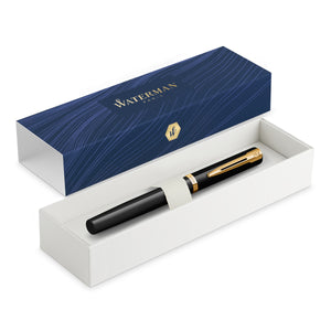 Waterman Impression Fountain Pen Black with Gold Trim Medium Nib Blue Ink Gift Box