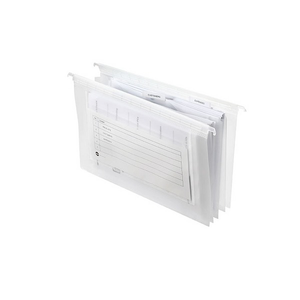 Two clear polypropylene Marbig expanding suspension files holding papers, with white tabs labelled Customers and Expenses along the top and a printed index sheet visible through the front