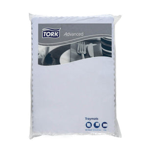 Clear pack of white scalloped edge Tork Advanced traymats with the printed Tork header card showing a table setting