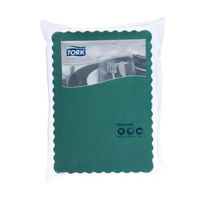 Clear pack of bottle green scalloped edge Tork Advanced placemats behind a printed header card showing a table setting