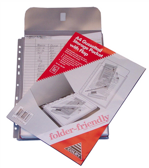 Colby 286-GPF Folder Friendly clear A4 gussetted storage pocket with flap, punched spine and red A4 Gussetted Storage Pocket with Flap label