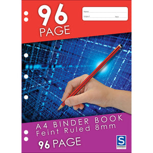 Front cover of the Sovereign A4 Binder Book, Feint Ruled 8mm, 96 Page: red top band, hand holding a red pencil over a blue digital pattern, magenta lower band, seven punched holes on the left edge and the Sovereign Stationery logo