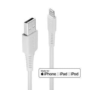 White USB Type A plug and Lightning plug on the Lindy 3m USB Type A to Lightning cable, standing upright with a small badge in the corner