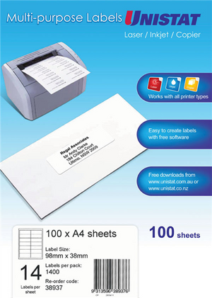 Unistat 38937 Copier Laser Label 98 x 38mm Box 100 Sheets