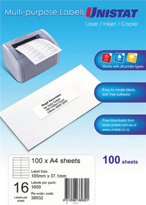 Unistat 38932 Lip Label No Margin 105 x 37mm Pack 100