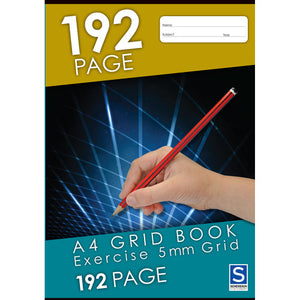 Front cover of the Sovereign A4 Grid Book, Exercise 5mm Grid, 192 Page: gold top band, hand holding a red pencil over a dark blue light trail grid photograph, teal lower band and the Sovereign Stationery logo