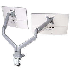 Kensington SmartFit One-Touch Height Adjustable Dual Monitor Arm in grey holding two monitors
