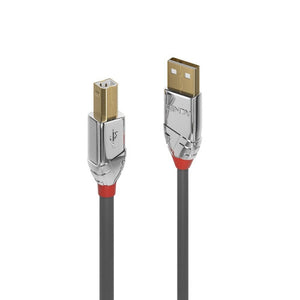 Lindy Cromo Line 1m USB 2.0 Type A to B cable, chrome housings with gold-coloured USB-B and USB-A connectors on grey cable