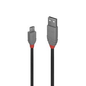 Lindy 5m USB 2.0 Cable Type A to Micro-B Anthra Line, small Micro-B plug next to the larger USB Type A plug, grey housings and red collars