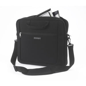 Black Kensington SP15 neoprene laptop sleeve with a laptop and notebook in the main compartment and the shoulder strap attached
