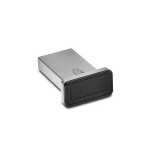 Kensington VeriMark IT Fingerprint Key, silver zinc alloy body with black fingerprint sensor face, angled view