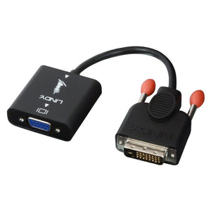 Lindy DVI-D to VGA Converter with the blue VGA female socket in a black housing joined by a short cable to the DVI-D plug