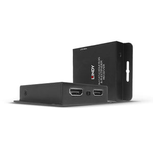 Lindy 70m Cat6 HDMI and IR Extender transmitter and receiver in black metal housings with mounting flanges, HDMI ports facing front