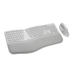 Kensington Pro Fit Ergo Wireless Keyboard and Mouse in grey, angled view of the split keyboard and vertical mouse