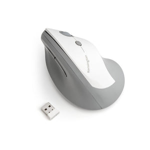 Kensington Pro Fit Ergo Vertical Wireless Mouse in grey and white, angled view with the nano USB receiver in front
