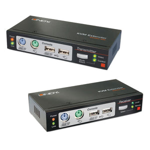 Lindy 300m Cat6 KVM Extender transmitter and receiver units labelled KVM Extender, showing PS/2 and USB console ports and status LEDs