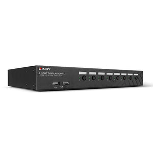 Front of the Lindy 8 Port DisplayPort 1.2 USB 2.0 and Audio KVM Switch showing eight channel buttons and two USB hub ports