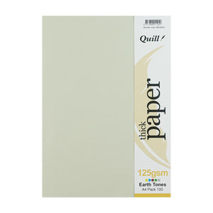 Quill Earth Tones A4 pack with the header card reading thick paper, 125gsm, Earth Tones, A4 Pack 100 beside a pale grey sheet