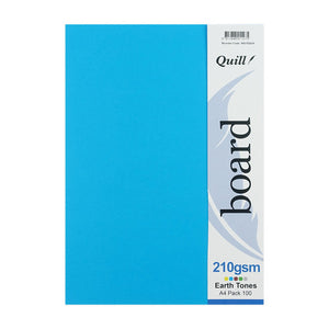 Quill board pack with the header card reading 210gsm Earth Tones A4 Pack 100 on a blue sheet