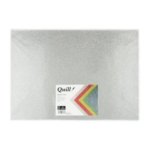 Quill A3 glitter paper pack in a clear sleeve with a silver glitter sheet on top and a printed Quill label