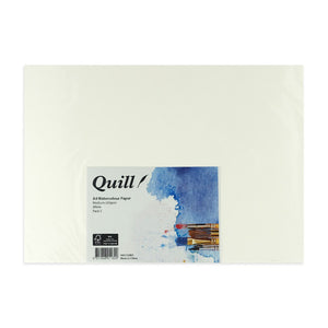 Quill Watercolour Paper Medium 200gsm A4, a white sheet lying flat with the blue and white Quill header card along its lower edge