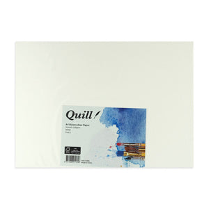 Quill Watercolour Paper Smooth 200gsm A4, a white sheet lying flat with the blue and white Quill header card along its lower edge