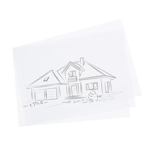 Quill A4 100gsm tracing paper, translucent white sheets layered over a pencil sketch of a house