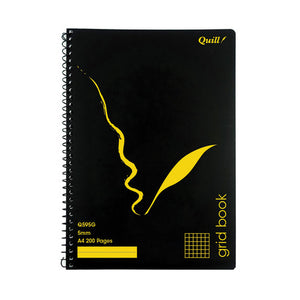 Quill A4 grid book 5mm with black spiral bound cover, yellow quill design and grid book text, Q595G 5mm A4 200 Pages printed on the cover