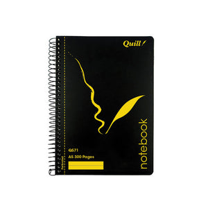 Quill Q Series A5 notebook Q571 with a black PP cover, yellow quill design, side spiral and A5 300 Pages printed
