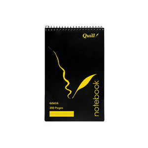 Quill Q Series notebook Q563A, black PP cover with a yellow quill design and top spiral binding, 200 Pages printed