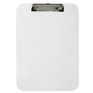 Front view of the Marbig Professional Series clear A4 plastic clipboard 40214, with a chrome metal clip across the top edge and rounded corners