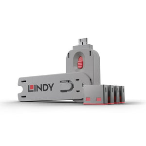 Lindy USB Type A Port Blocker 4 Pack + Key Pink, grey Lindy key standing upright with four pink-trimmed USB-A blockers beside it