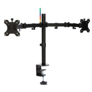 Kensington SmartFit Ergo Dual Monitor Arm in black with both arms extended and the colour-coded height chart on the pole