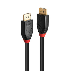 Lindy 10m Active DisplayPort 1.4 Cable, two black DisplayPort connector heads with gold plugs and red collars, shown upright