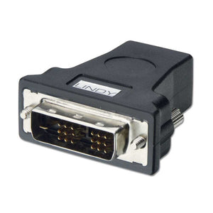 Lindy HDMI Female to DVI-D Male Adapter in black, viewed from the DVI-D male side with its pins and two thumb screws